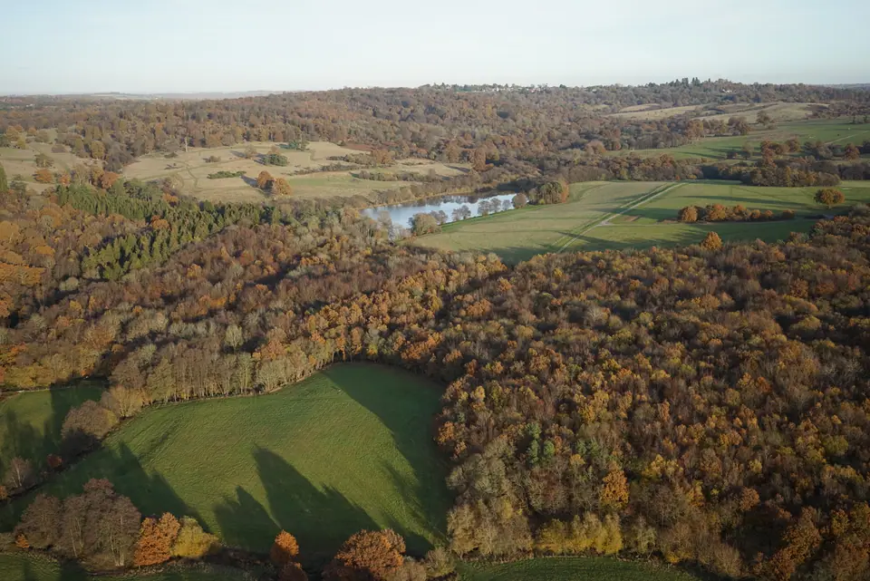 Aerial view over a 600-hectare farming estate during a drone topographical survey