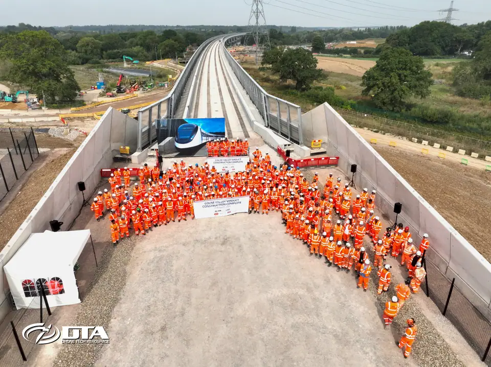 Aerial drone view of the HS2 Colne Valley Viaduct deck completion with site teams assembled