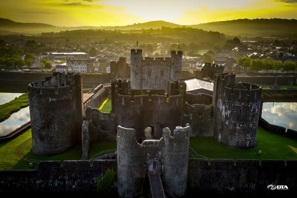 Aerial drone photograph of Caerphilly Castle and its moat, South Wales