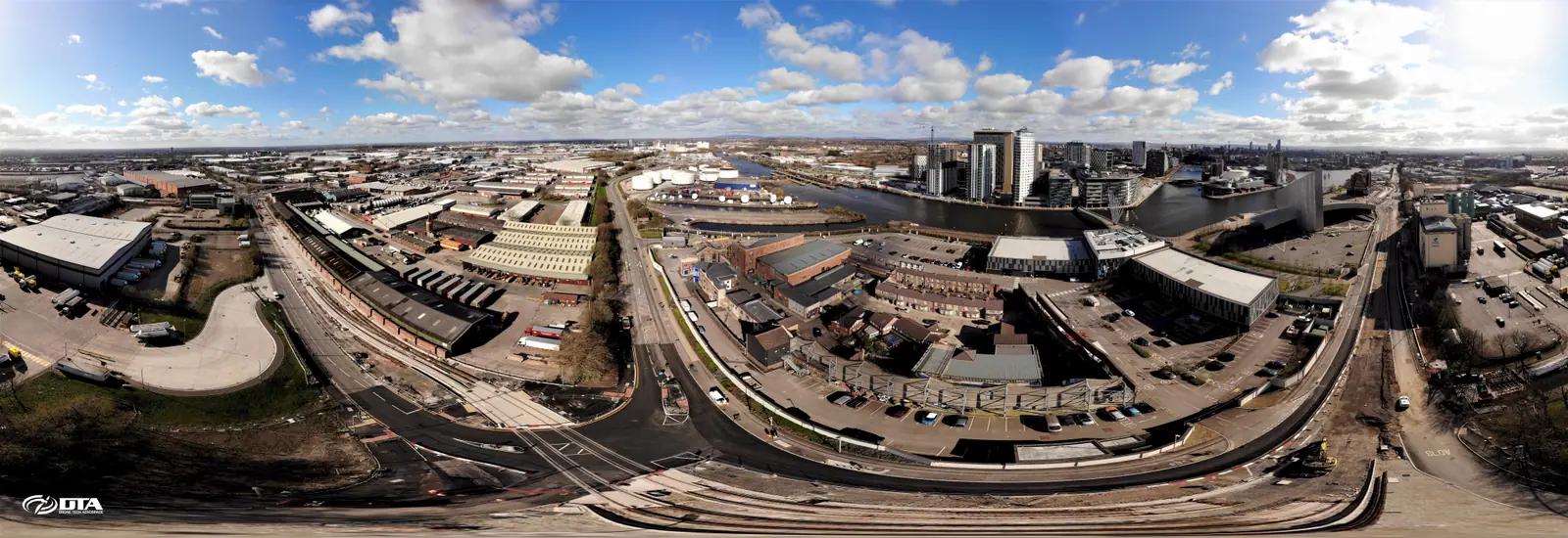 Panoramic drone image from a 5.5 km construction progress video, Manchester