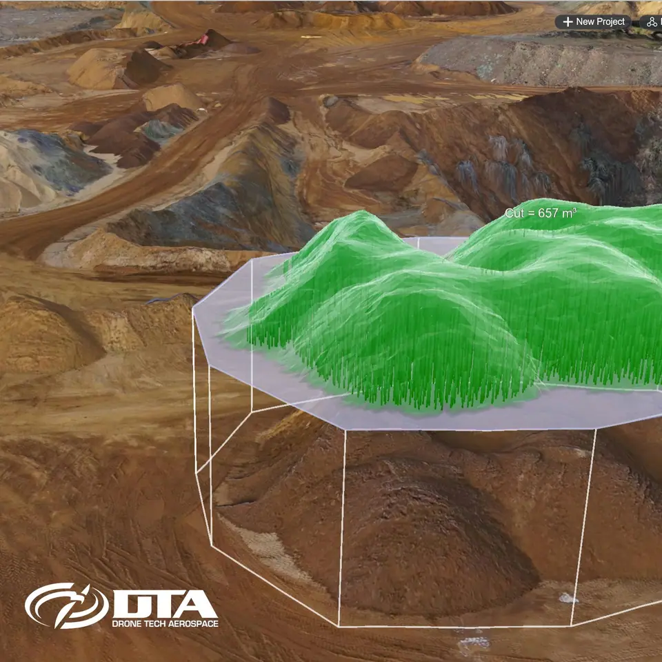 Stockpile volume calculations overlaid on aggregate heaps from a drone survey